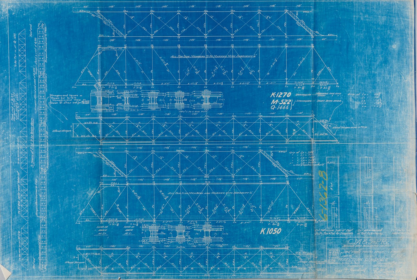 Drawing showing the arrangements of stringers and general details of the bridge.  Courtesy of Milwaukee Road Archives at the Milwaukee Public Library